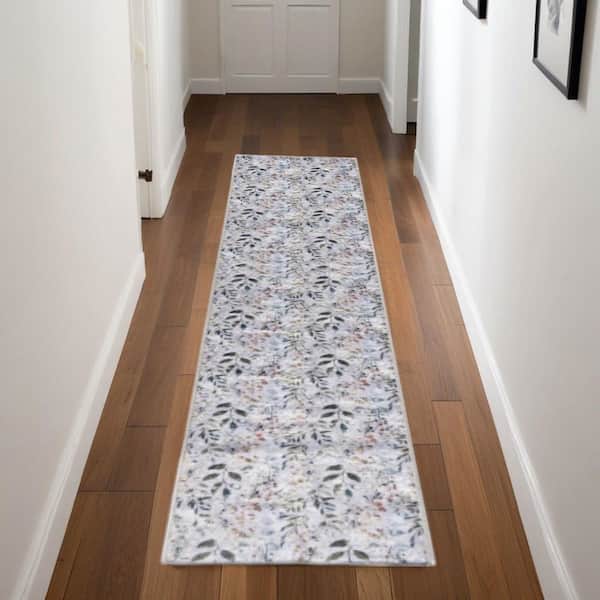 8 Cream Floral Washable Runner Rug