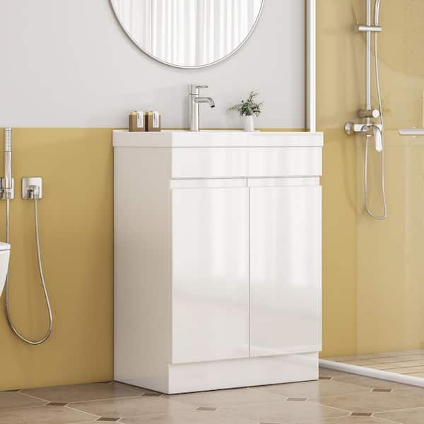 24 in. Single Sink Freestanding Glossy White Bath Vanity with White Ceramic Top