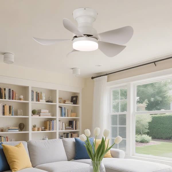 30 in. Modern White Downrod Mount Ceiling Fan w/ Light, 5 ABS Blades, DC Motor, 6-Speed Reversible and Quiet for Bedroom