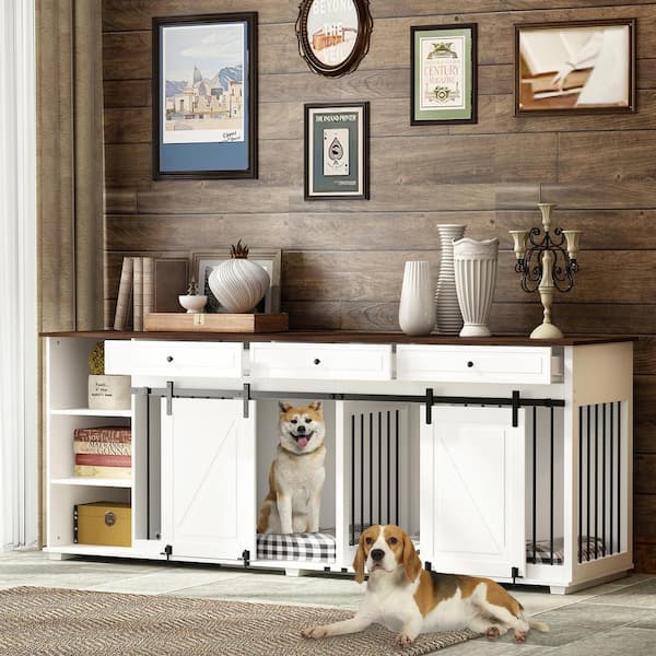 FUFU&GAGA Large Dog Crate Furniture with 3 Drawers, Wooden Double Dog Crate Kennel Furniture with Sliding Door, Storage Shelves