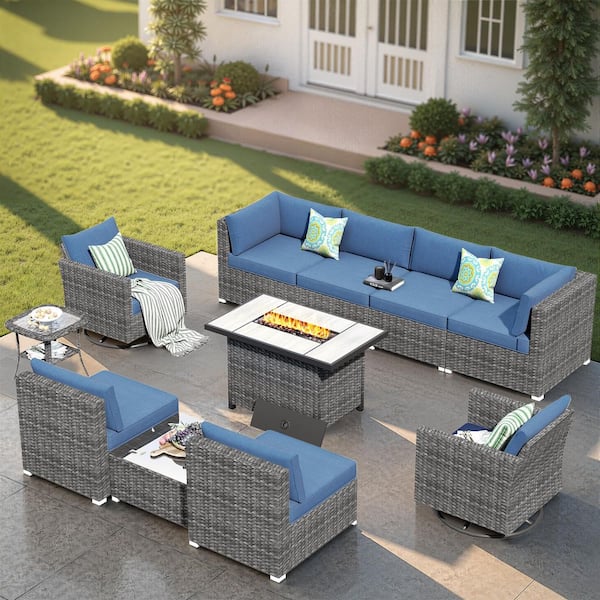HOOOWOOO Messi Grey 11-Piece Wicker Outdoor Patio Fire Pit Conversation Sofa Set with Swivel Chairs and Denim Blue Cushions