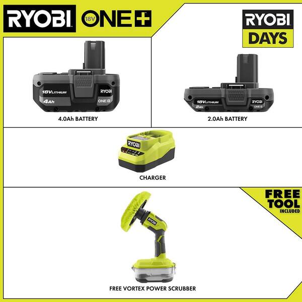 ONE+ 18V Lithium-Ion Kit with 2.0 Ah and 4.0 Ah Batteries, Charger with FREE ONE+ 18V Cordless Power Scrubber
