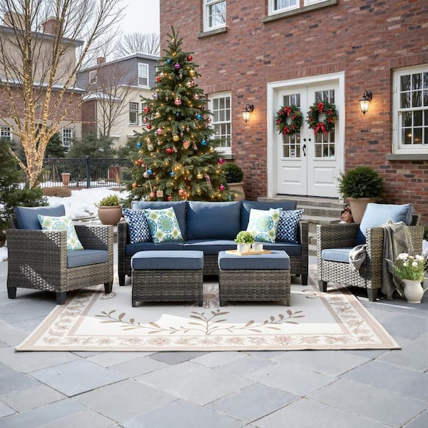 Megon Holly Gray 5-Piece Wicker Outdoor Patio Conversation Seating Sofa Set with Denim Blue Cushions