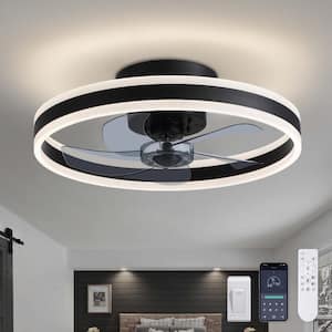 20 in. LED Modern Indoor Black Dimmable Flush Mount Hidden Blades Ceiling Fan with Light Remote APP Control for Bedroom