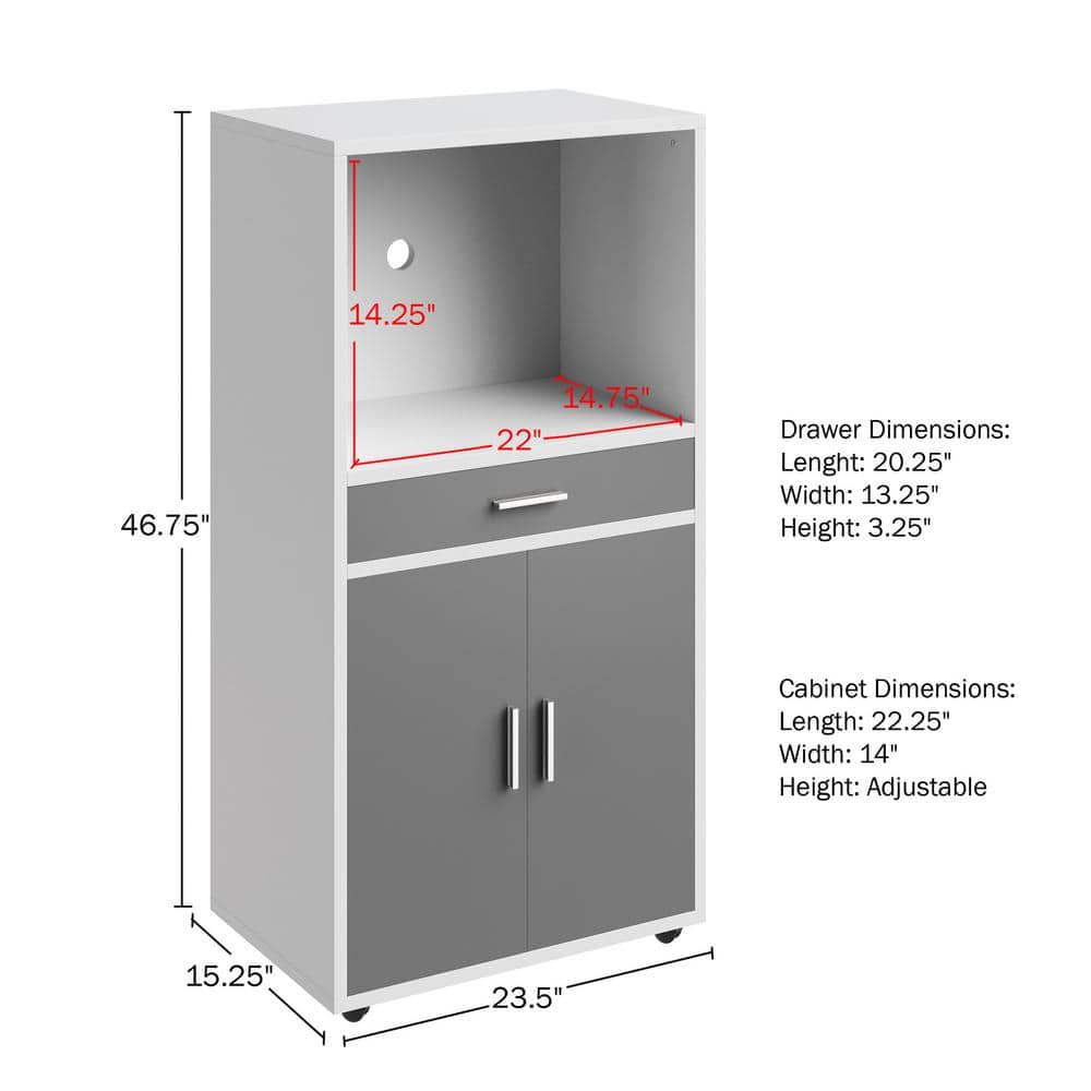 White and Gray Wood Microwave Stand with Storage and Wheels