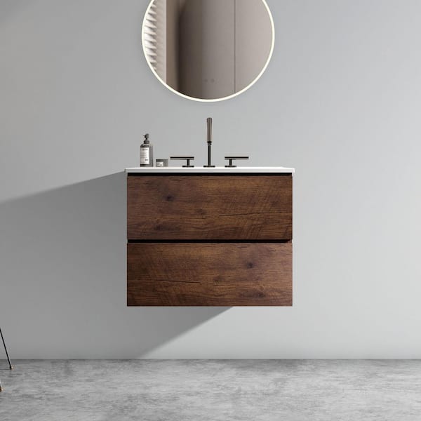 Staykiwi 24 in. W x 18 in. D x 21 in. H Single Sink Wall-Mounted Bath Vanity in Walnut with White Ceramic Top