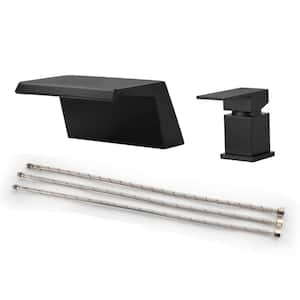 Single-Handle Waterfall Deck-Mount Roman Tub Faucet with Modern 2-Hole Brass Bathtub Fillers in Matte Black