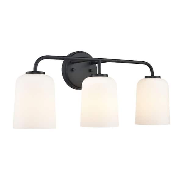 Laphia 22 in. 3-Light Matte Black Vanity Light with Etched Opal Glass Shades