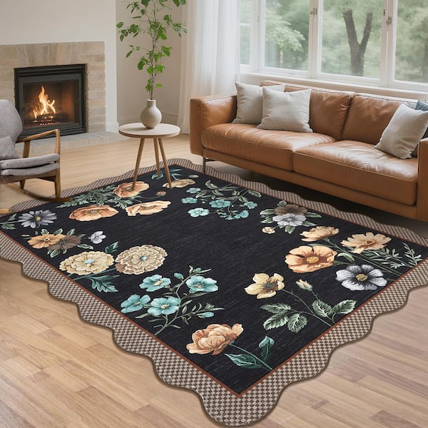 Black 9 ft. x 12 ft. Floral Scalloped Rug Low Pile Non-Slip Polyester for Living Rooms and Bedrooms