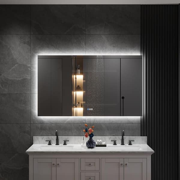 KIRAN 55 in. W x 32 in. H Rectangular Frameless Anti-Fog LED strip Backlit Wall Bathroom Vanity Mirror in Silver