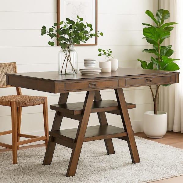 Benjara Walnut Brown A-Frame 41.75 in. Counter Height Dining Table with 2 Drawers and Seats 4