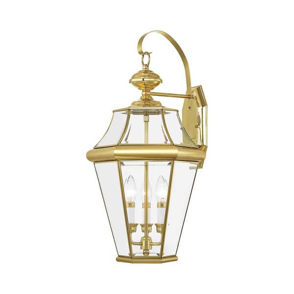Livex Lighting Wall Mount 3-Light Polished Brass Outdoor Incandescent Wall Lantern Sconce