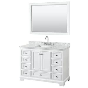 Deborah 48 in. W x 22 in. D Vanity in White with Marble Vanity Top in Carrara White with White Basin and 46 in. Mirror