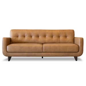 Curtis 84.5 in. Square Arm Genuine Leather Modern Rectangle Sofa in Brown Tan