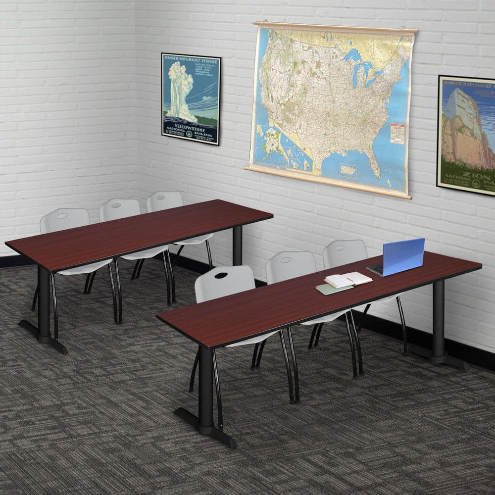 Cain 84 in x 24 in. Mahogany T-Base Training Seminar Table Desk and 3 M Stack Chairs-Grey