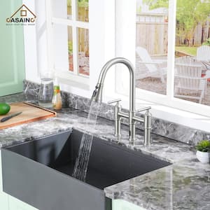 Double Handle Pull-Out Sprayer Bridge Kitchen Faucet with Infrared Sensor in Brushed Nickel