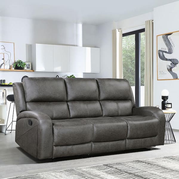 Lazzara Venture 84.5 in. W Round Arm Microfiber Rectangle Manual Double Reclining Sofa in Gray