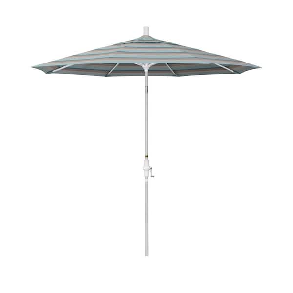 California Umbrella 7.5 ft. Matted White Aluminum Market Patio Umbrella Collar Tilt Crank Lift in Gateway Mist Sunbrella