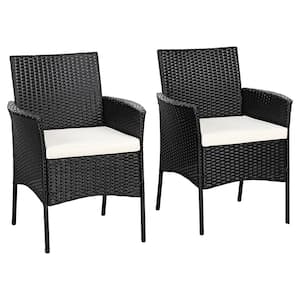 Black Metal Outdoor Dining Armchair with Removable Off White Cushions (2-Pack)