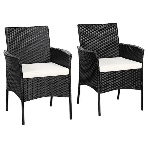 WELLFOR Black Metal Outdoor Dining Armchair with Removable Off White Cushions (2-Pack)