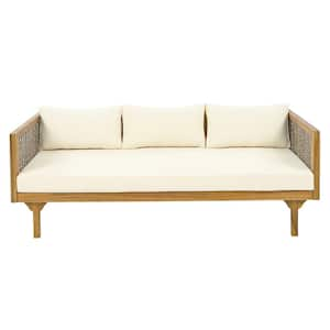 Clansent Outdoor Patio 3-Seater Daybed with Rattan Armrests and Beige Cushions, Acacia Wood Frame, Teak