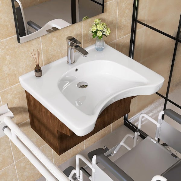 25.4 x 21.6 x 6.5 in. Rectangular ADA Ceramic Wall Mount Small Vessel Sink Wall Hung with Center Faucet Hole in White