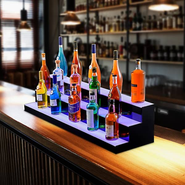 10 in. H x 12 in. W 20-Bottle Multi-Colored Acrylic LED Lighted Liquor Bottle Display, Whiskey Rack Stand 3-Tiers 48 in.