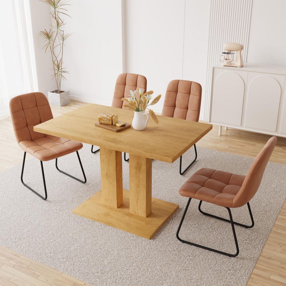5-Pieces Rectangular Oak MDF Top Dining Table Set Seating 4 People with 4 U-shape Brown Chairs
