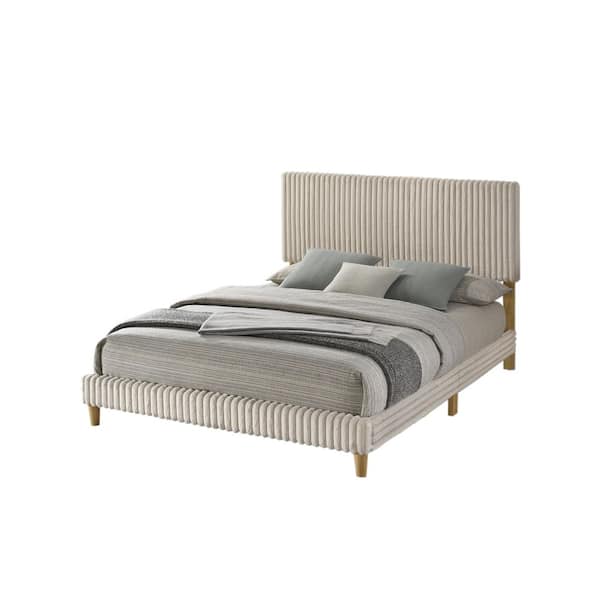 Rowe Cream/Beige Color Wood Frame Corduroy Fabric Twin Size Panel Bed With Natural Wood Color Legs