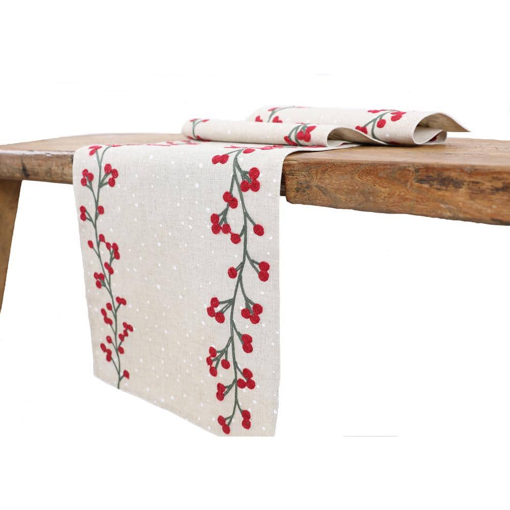 Natural Red Holly Berry Embroidered Christmas Table Runner