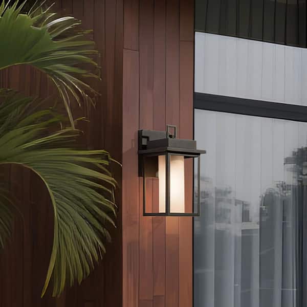 Modern Black Outdoor Light Fixtures, 1-Light Textured Square Outdoor Wall Lantern Sconce with Frosted Glass Shade