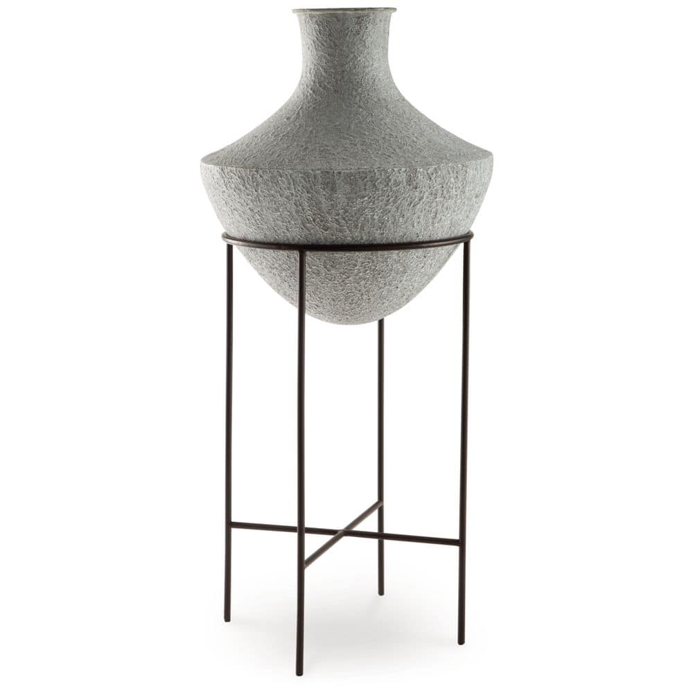 Distressed Cream Metal Floor Vase with Espresso Brown Stand