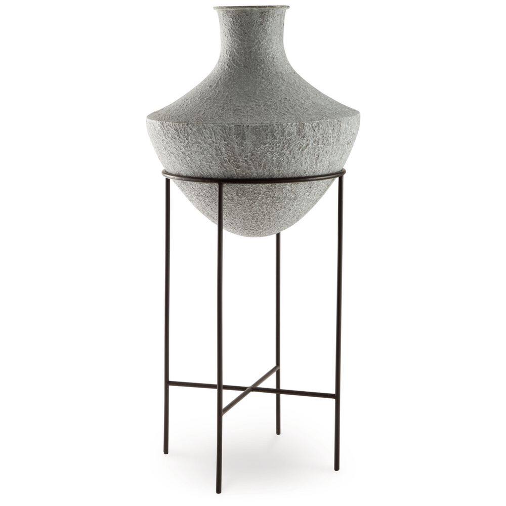 Distressed Cream Metal Floor Vase with Espresso Brown Stand
