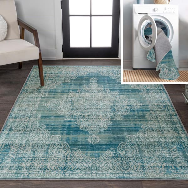 Regis Bohemian Medallion Machine-Washable Teal/Cream 8 ft. x 10 ft. Area Rug