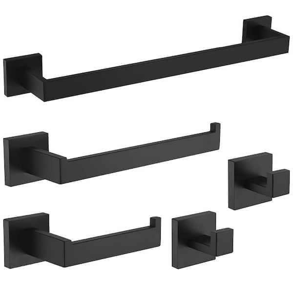 5-Piece Wall Mount Stainless Steel Bathroom Towel Rack Set in Matte Black