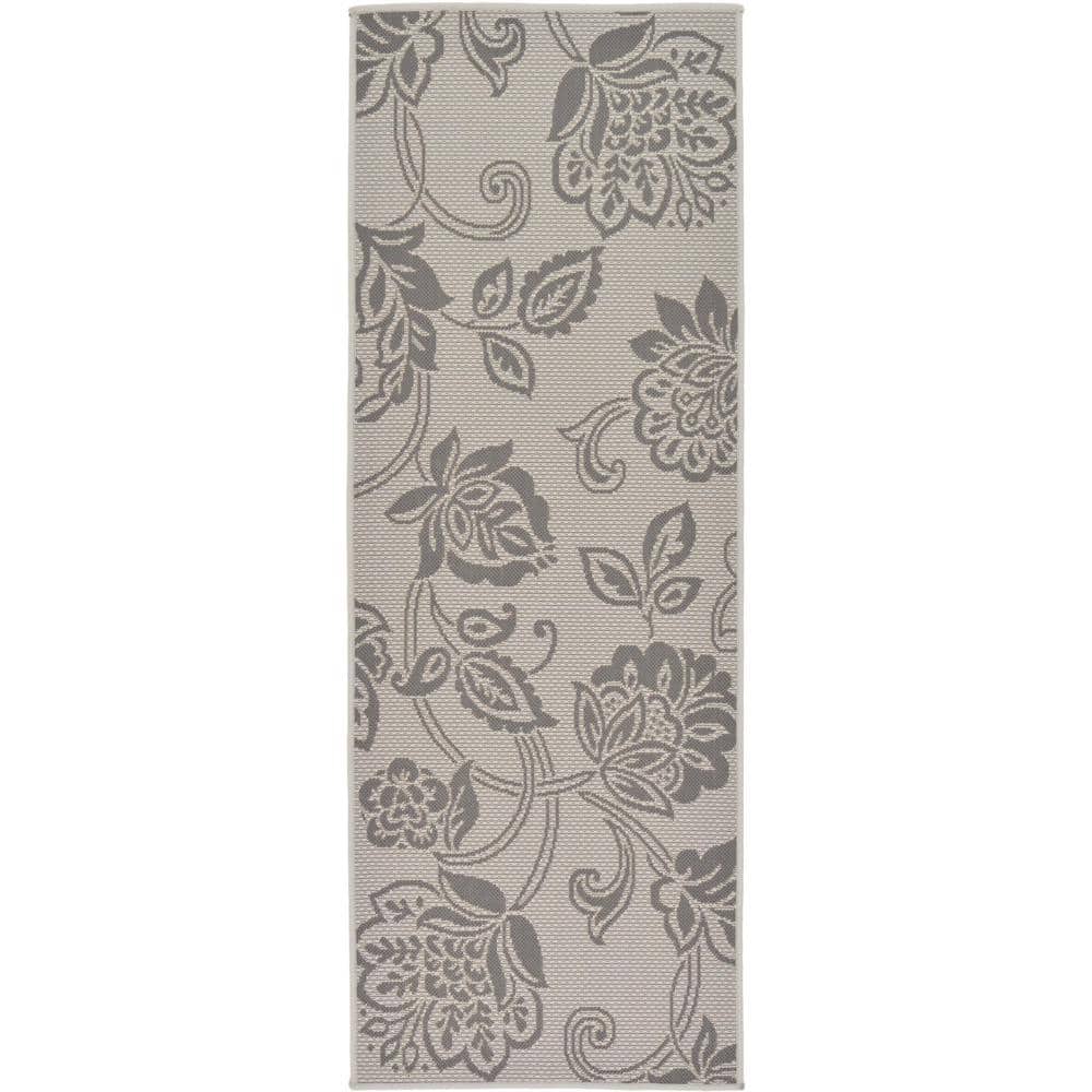 Reversible Gray Outdoor Runner Rug with Botanical Design, Easy-Care Synthetic