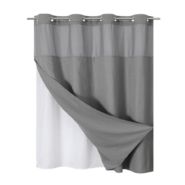 Unbranded Waffle Weave Fabric Shower Curtain Set with Snap-In Liner Replacement 54x80 Waterproof No Hook Design in Grey