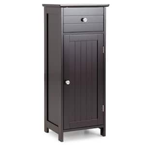 14 in. W x 12 in. D x 34.5 in. H Brown Wooden Bathroom Floor Linen Cabinet with Drawer and Adjustable Shelf
