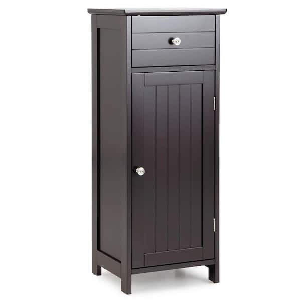 ANGELES HOME 14 in. W x 12 in. D x 34.5 in. H Brown Wooden Bathroom Floor Linen Cabinet with Drawer and Adjustable Shelf