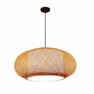 23.6 in. 1-Light Vintage Bamboo Rattan Lantern Pendant Light with Hand-Woven Bamboo Shade