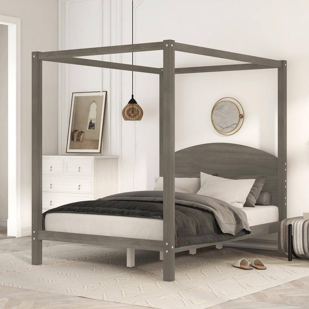 Harper & Bright Designs Brown Wood Frame Full Size Canopy Bed with ...