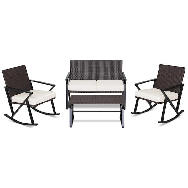 Costway 4PCS Wicker Patio Conversation Set Rattan Rocking Chairs Loveseat Table Rocker Set Cushions Porch in Off White Cushion