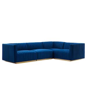 Conjure 109.5 in. W Channel Tufted Performance Velvet 4-Piece Sectional in Gold Navy