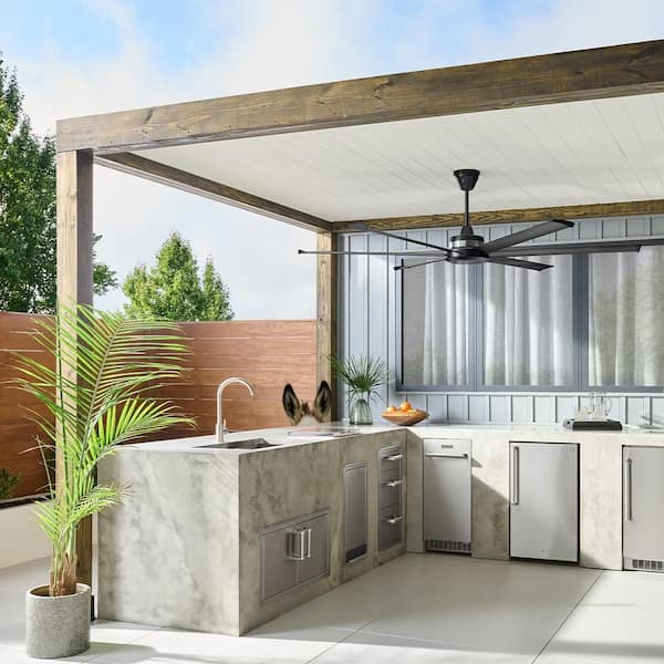 Mammoth 84 in. Smart Indoor/Outdoor Black Universal Mount Ceiling Fan with 12 in. Ext Tube Plus Remote and Phone App