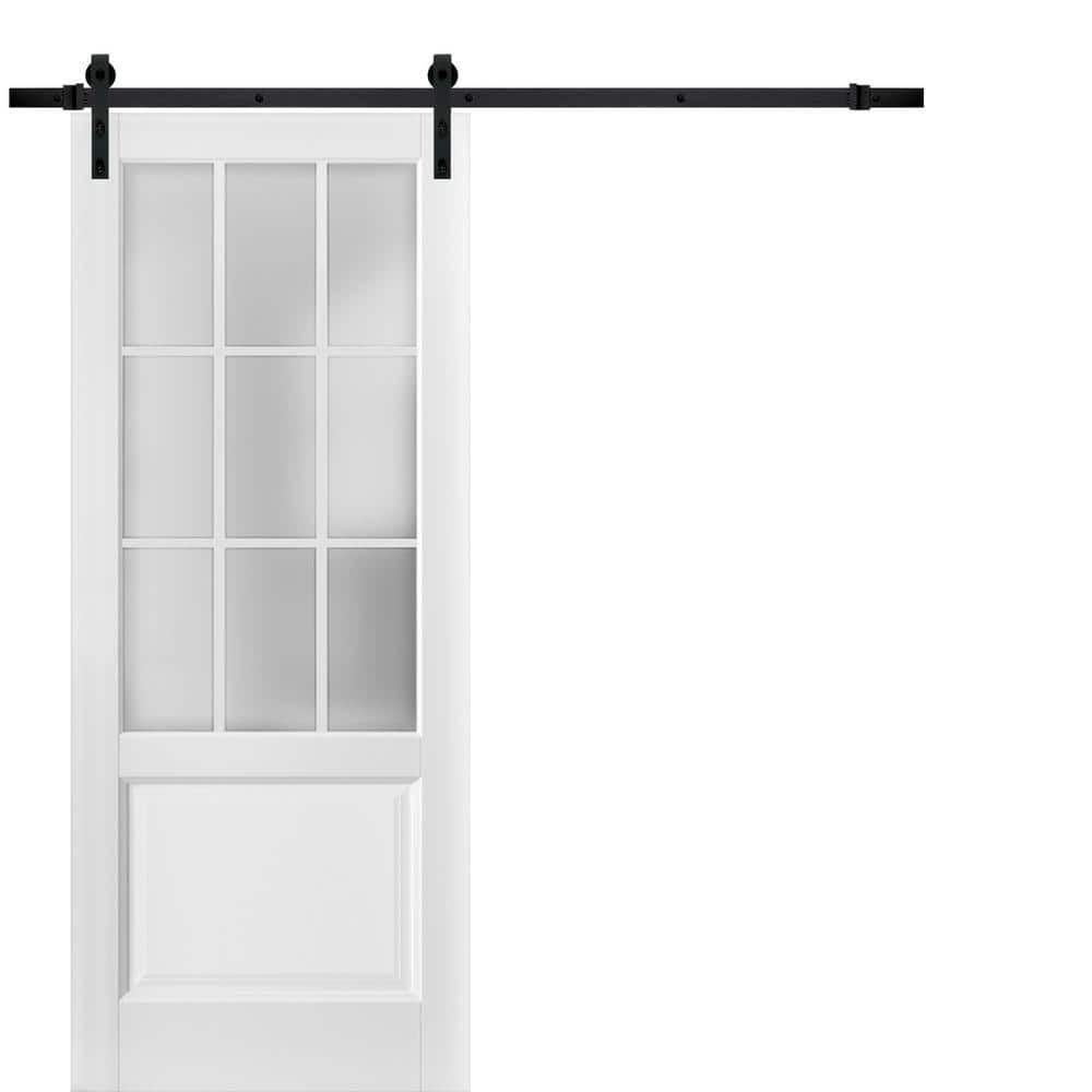 Sartodoors Felicia 3309 32 in. x 80 in. 3/4 Lite Frosted Glass Matte White Finished Solid Wood Sliding Barn Door with Hardware Kit