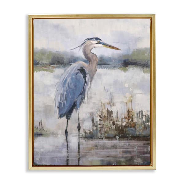Coastal Sea Heron by Nina Blue Gold Floater Frame Graphic Art Print Nature 31 in. x 25 in.
