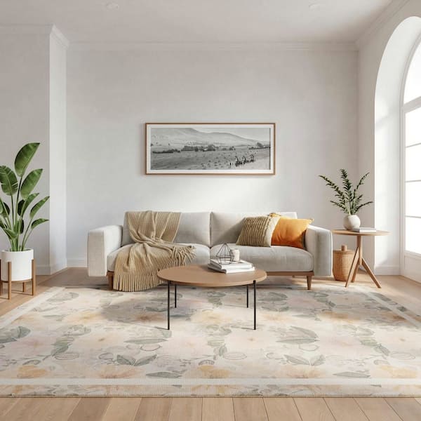 Botanical Washables Beige Multicolor 8 ft. x 10 ft. Floral Contemporary Area Rug