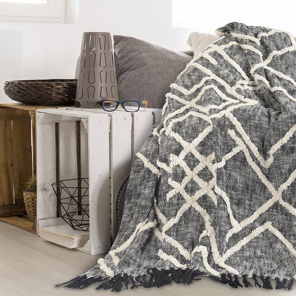 Handwoven Black and White Cotton Diamond Pattern Throw Blanket