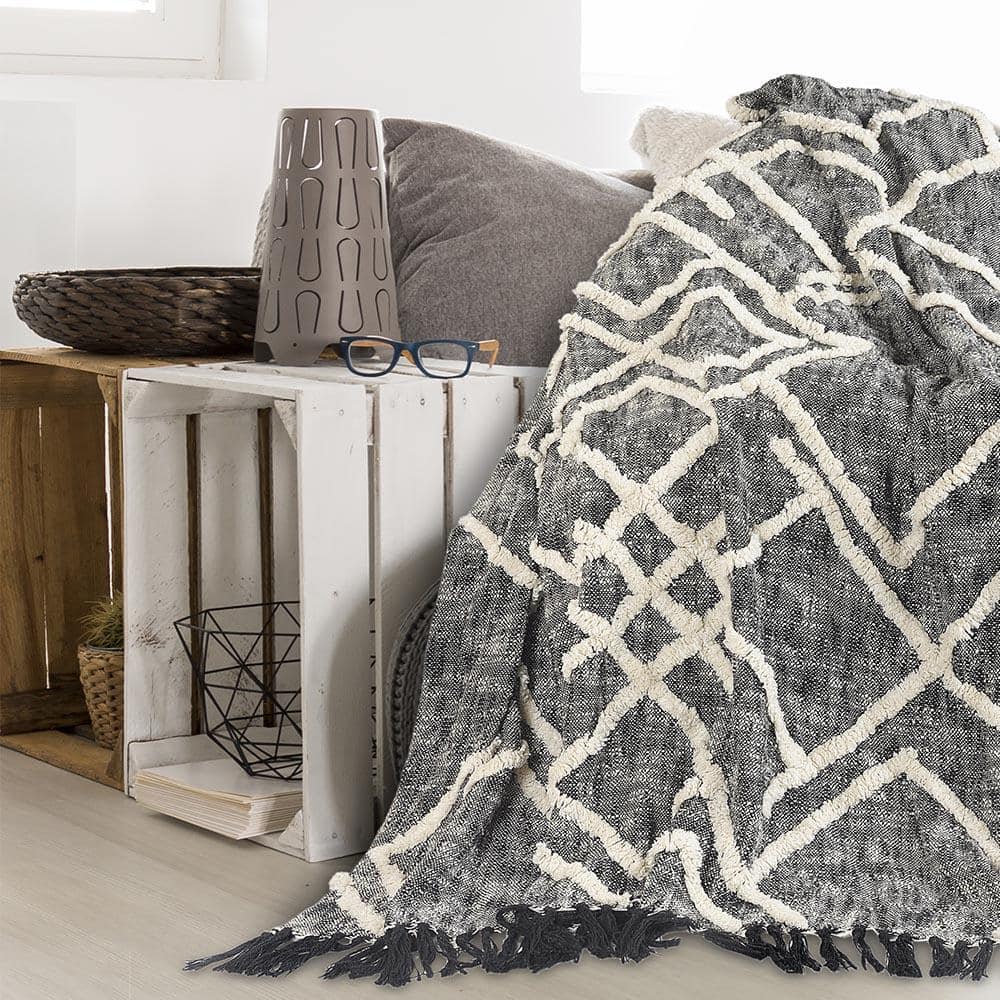 Handwoven Black and White Cotton Diamond Pattern Throw Blanket