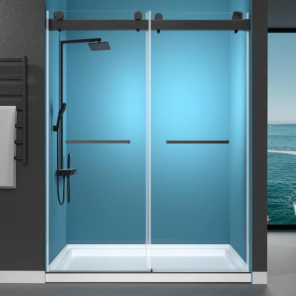 60 in. W x 79 in. H Double Sliding Frameless Shower Door in Matte Black With Crashproof And 3/8 in. (10 mm) Glass